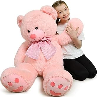 MorisMos 4 Feet Giant Teddy Bear Stuffed Animal, 47" Large Pink Teddy Bear Plush with Footprints and Big Bow, Valentines Christmas for Girlfriend, Wife, Girls, Baby Shower Decor