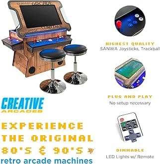 Creative Arcades Full Size Commercial Grade Cocktail Arcade Machine w/Lifting Screen | Trackball | Three-Sided | 4 Sanwa Joysticks | 2 Stools (4500 Games & 32" Screen & Woodgrain Edition)
