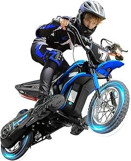 Electric Dirt Bike, 24V Ride on Toys for Big Kids, 350W Kids Motorcycle with Music & Bluetooth, 15.5 mph & 150lb Max, Twist-Grip Throttle & Hand-Operated Rear Brake, 12" Air-Filled Tires-Blue