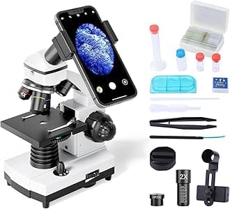 Monocular Microscope for Students and Kids, 200-2000x Magnification Powerful Biological Educational Microscope with Operation Accessories(10p), Slides Set(15p), Phone Adapter, Wire Shutter & Backpack