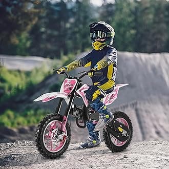 Grebest 50cc Mini Dirt Bike, Kids Gas Motorcycle Dirtbike Pit Bike Gas Powered Motorcycle with 2-Stroke Engine, Anti-Slip 10" Tires, Dual Disc Brakes, Off-Road Bike for Youth 8-14 (Pink)